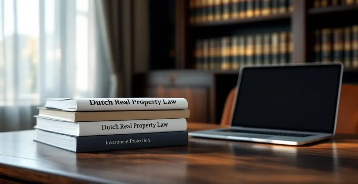Lwa sou byen imobilye Olandè a: Kijan pou evite pyèj komen yo 3 Yon biwo elegant ak dokiman legal sou lalwa byen imobilye Olandè a ak yon òdinatè pòtab ki montre 'Pwoteksyon Envestisman'.