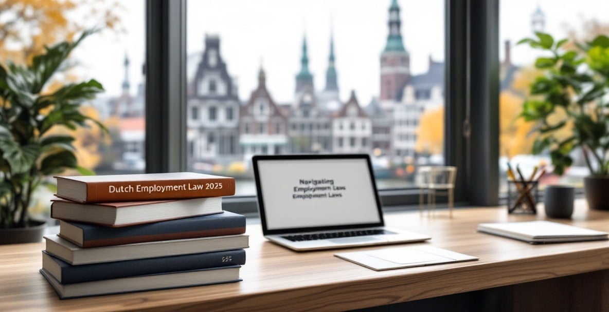 Office desk with Dutch legal books and a laptop in front of a window showing a Dutch cityscape.