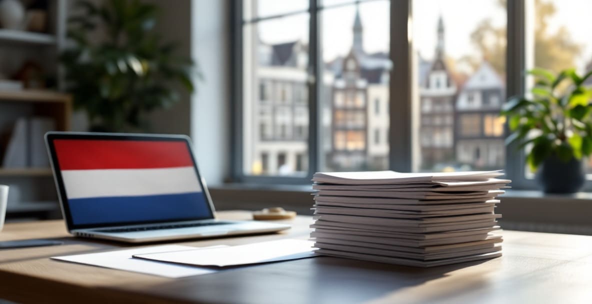 Minimalistic Dutch office with employment contracts and a laptop showing Dutch flag.
