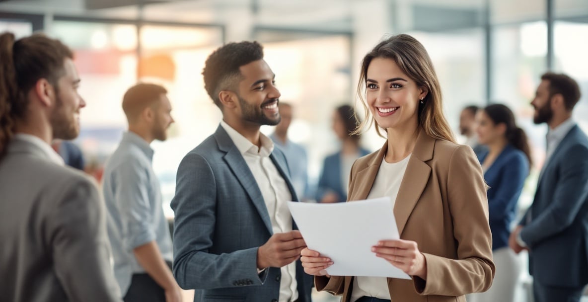 Diverse professionals in a Dutch office discussing worker rights, with a businesswoman holding a document.