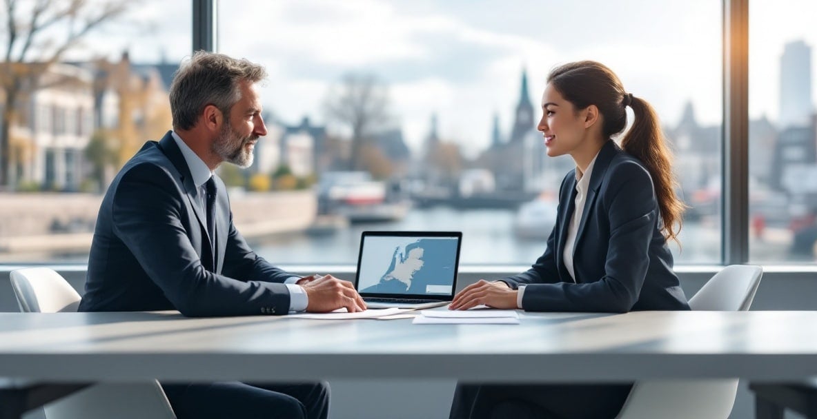 A middle-aged man and a young woman discuss at a modern Dutch office with Amsterdam skyline visible.