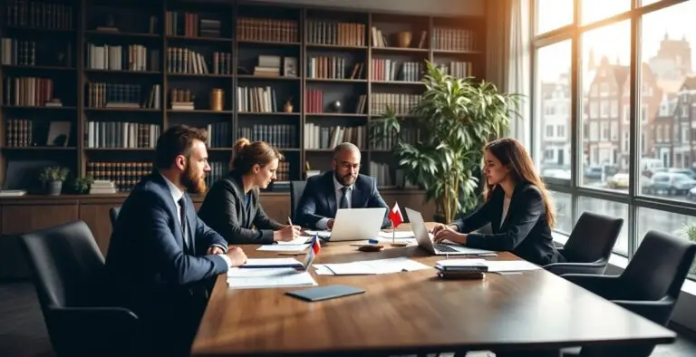 People meeting around a table in an office lined with bookshelves