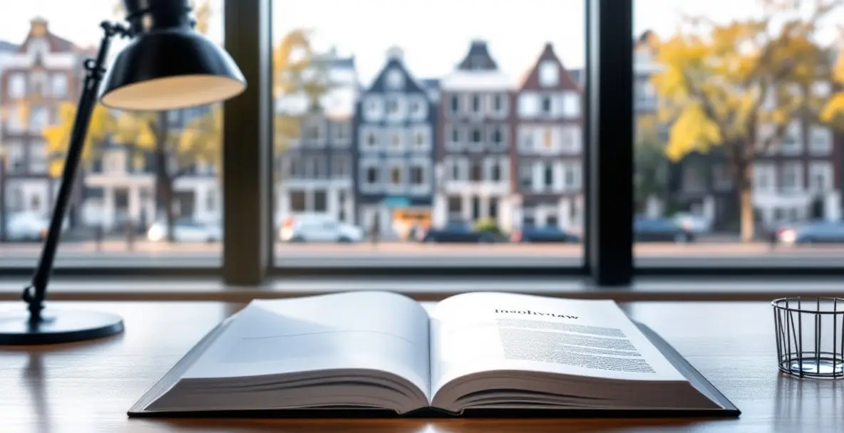 दिवालियापन पर डच कानून की किताब के साथ वकील, डेस्क दृश्य, Amsterdam पृष्ठभूमि में नहर के घर।