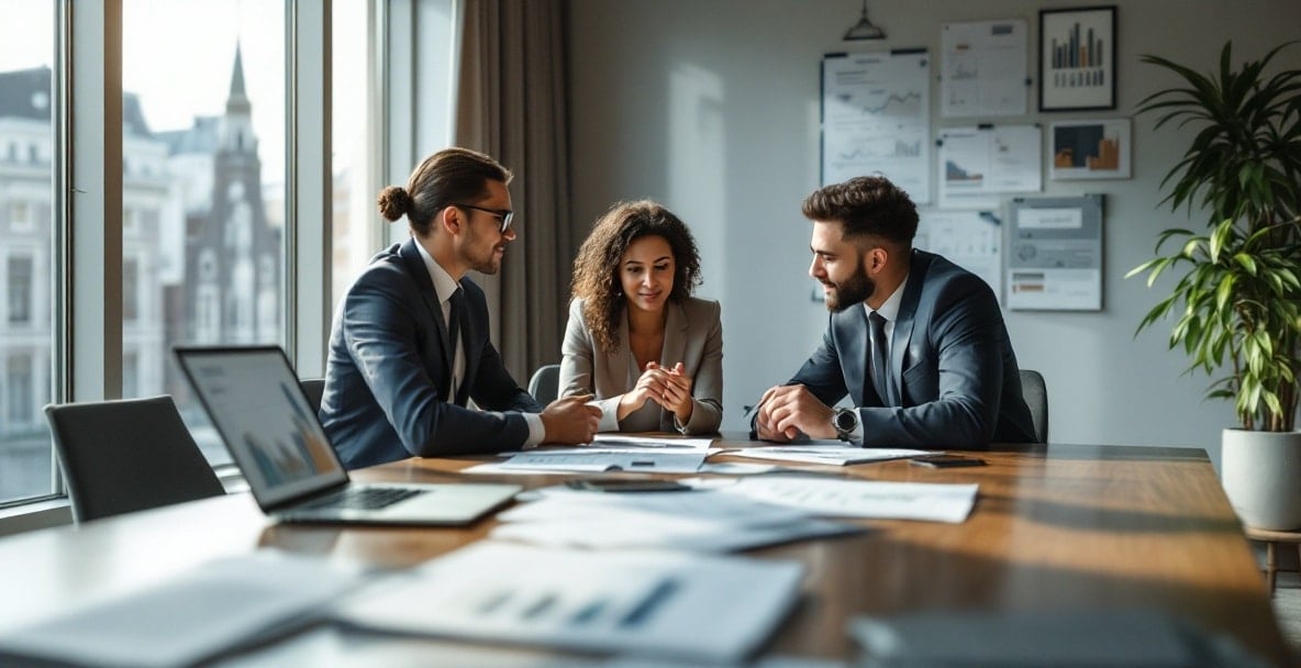 Ettevõtte maksejõuetuse ja restruktureerimise uurimine Hollandis 5 Kontoristseen Hollandi advokaadibüroo spetsialistidega, kes arutavad ettevõtte restruktureerimist.