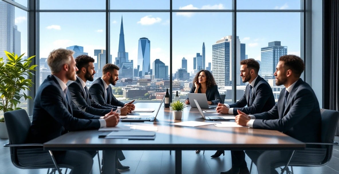 Ettevõtte maksejõuetuse ja restruktureerimise uurimine Hollandis 6 Erinevad spetsialistid arutavad ümberkorraldamist tänapäevases kontekstis Amsterdam koosolekuruum.