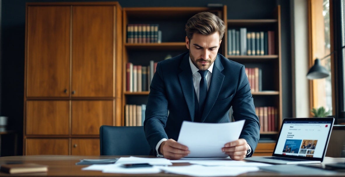 Жалған айыптаулар, нақты салдарлар: өз беделіңіз үшін күресу 5 Өзіне сенімді заңгер Голландиялық заң кеңсесінде заңды құжаттарды қарайды.