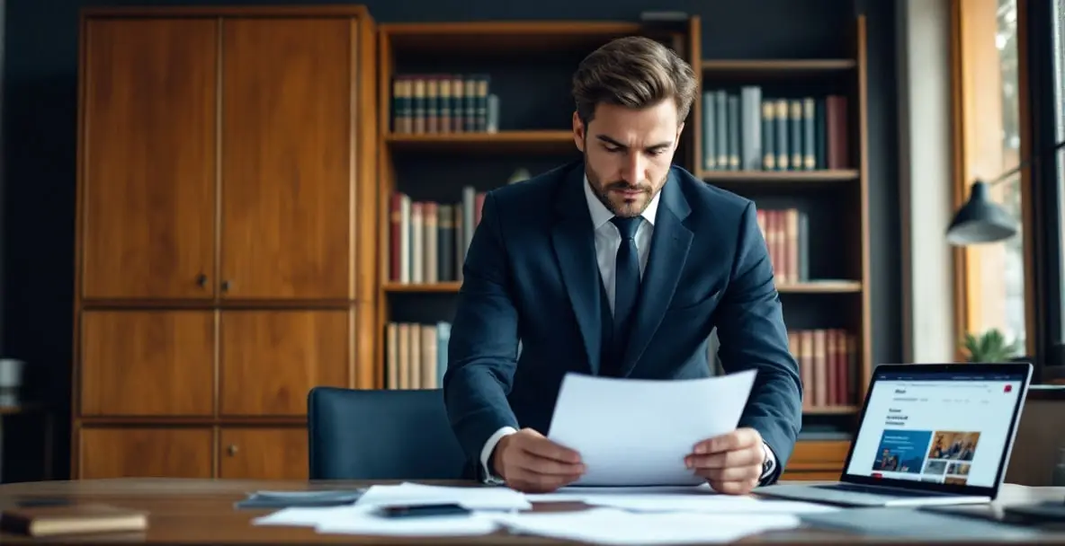 False Accusations, Real Consequences: Fighting for Your Reputation 3 Confident lawyer reviews legal documents in a Dutch law office.