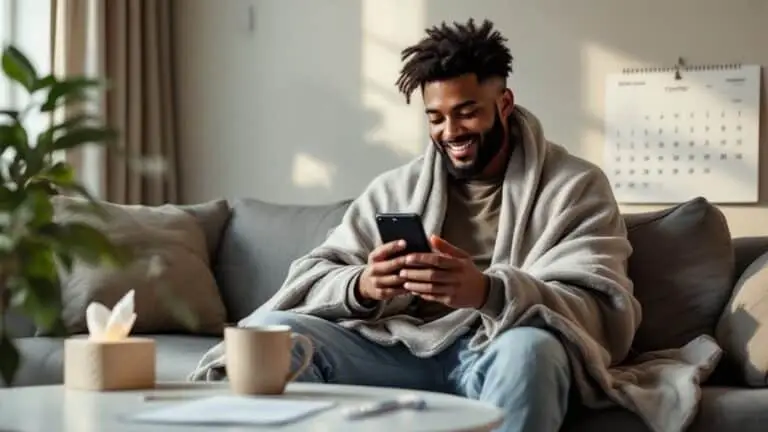 A man sitting on a sofa looking at his phone, a box of tissues beside him