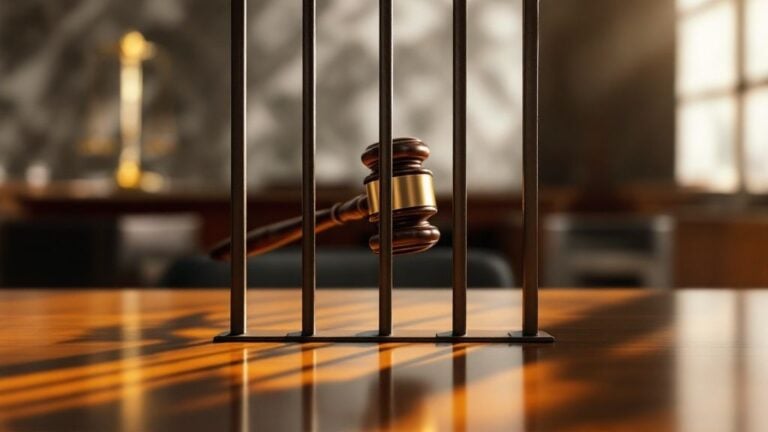 A gavel seen behind prison bars