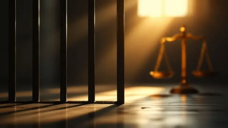 Scales of justice seen through prison bars
