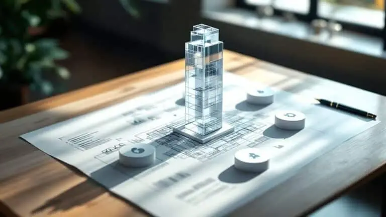 A model tower block standing on a set of plans and charts