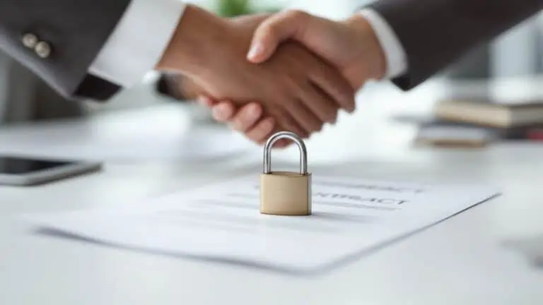 A handshake with a padlock symbol above it