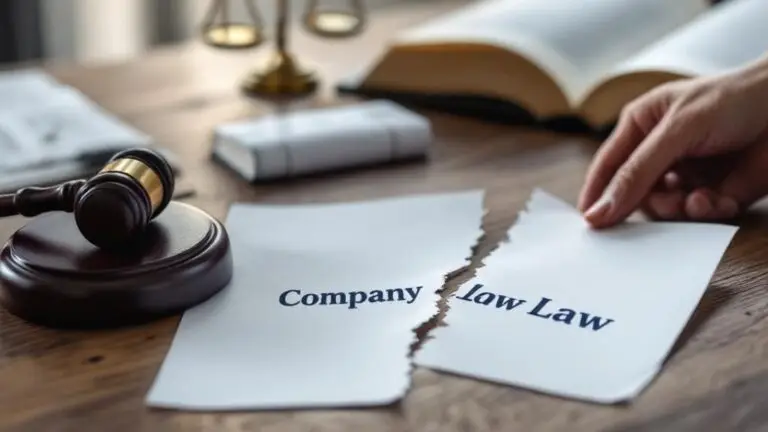 A hand resting a gavel on documents about company and trademark law