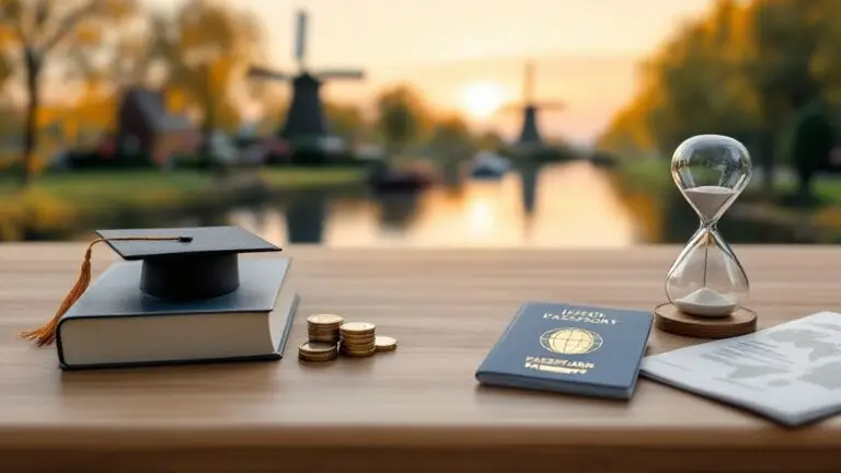 An hourglass, a passport and coins on a desk overlooking a canal