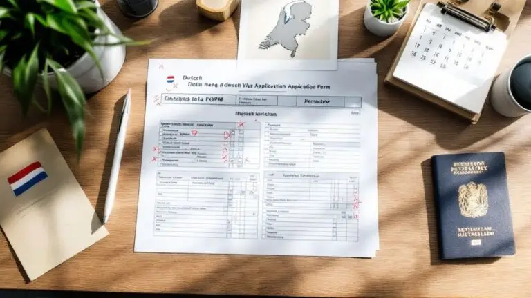 A visa application form beside a passport and a small Dutch flag