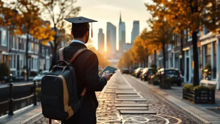 A graduate with a backpack walking along a tree-lined city street