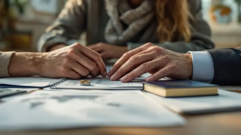 Two people sitting across a table with their hands resting on it, a book between them