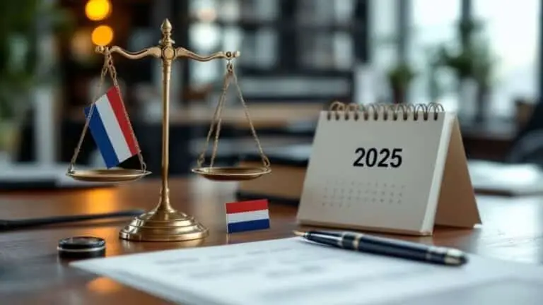 Scales of justice beside a desk calendar and a small Dutch flag