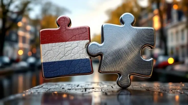 Two jigsaw pieces joining, one in the colours of the Dutch flag