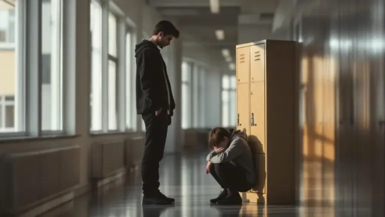 A person crouched against a wall in a corridor while another stands over them