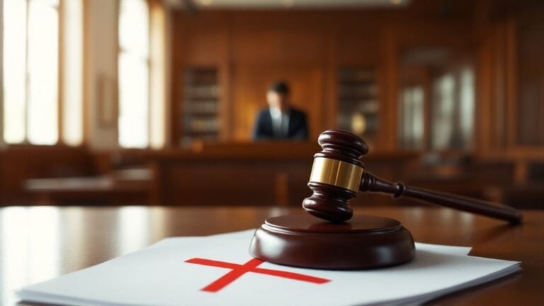 A gavel beside a red cross marked on a document