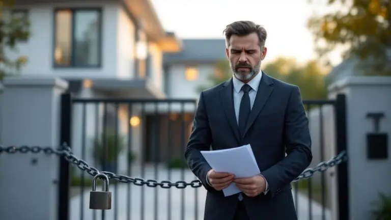 A man holding documents in front of a house with a chain across the doorway