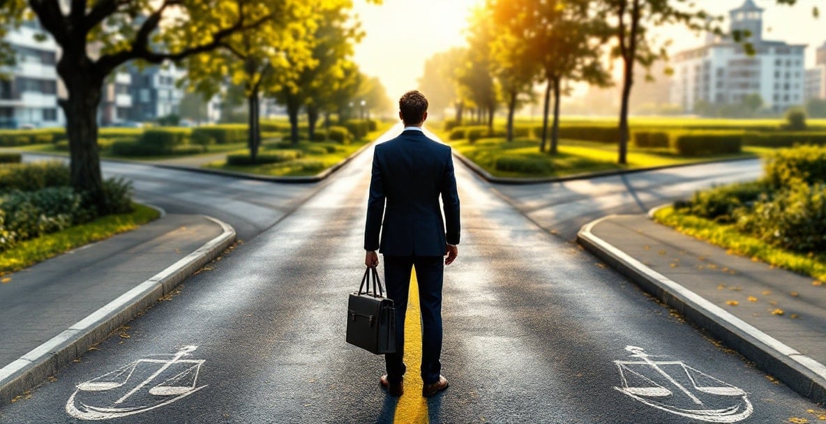 Figure at crossroads with briefcase and legal symbols, symbolizing decision-making in Dutch law.