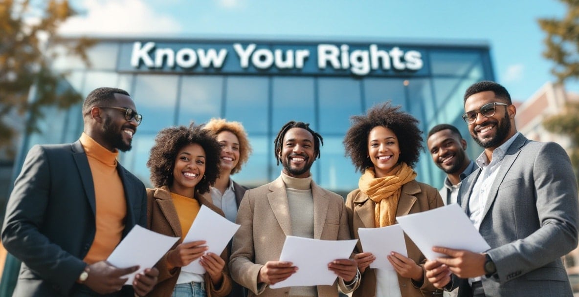 Diverse group outside Dutch courthouse, symbolizing legal empowerment.