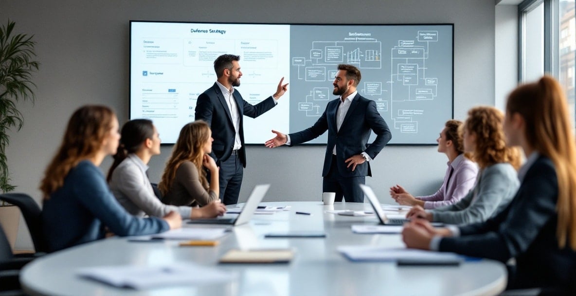 Diverse group in a conference room discussing legal strategies with a projection display.