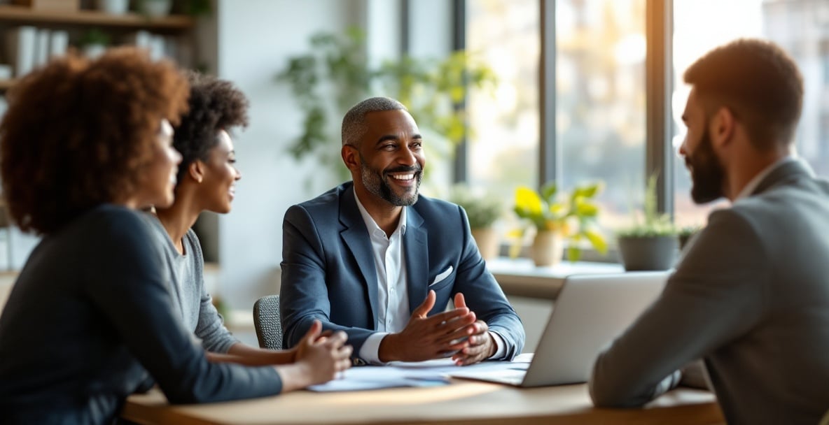 Legal advisor at a modern desk talks with three diverse clients in a bright, minimalist office.