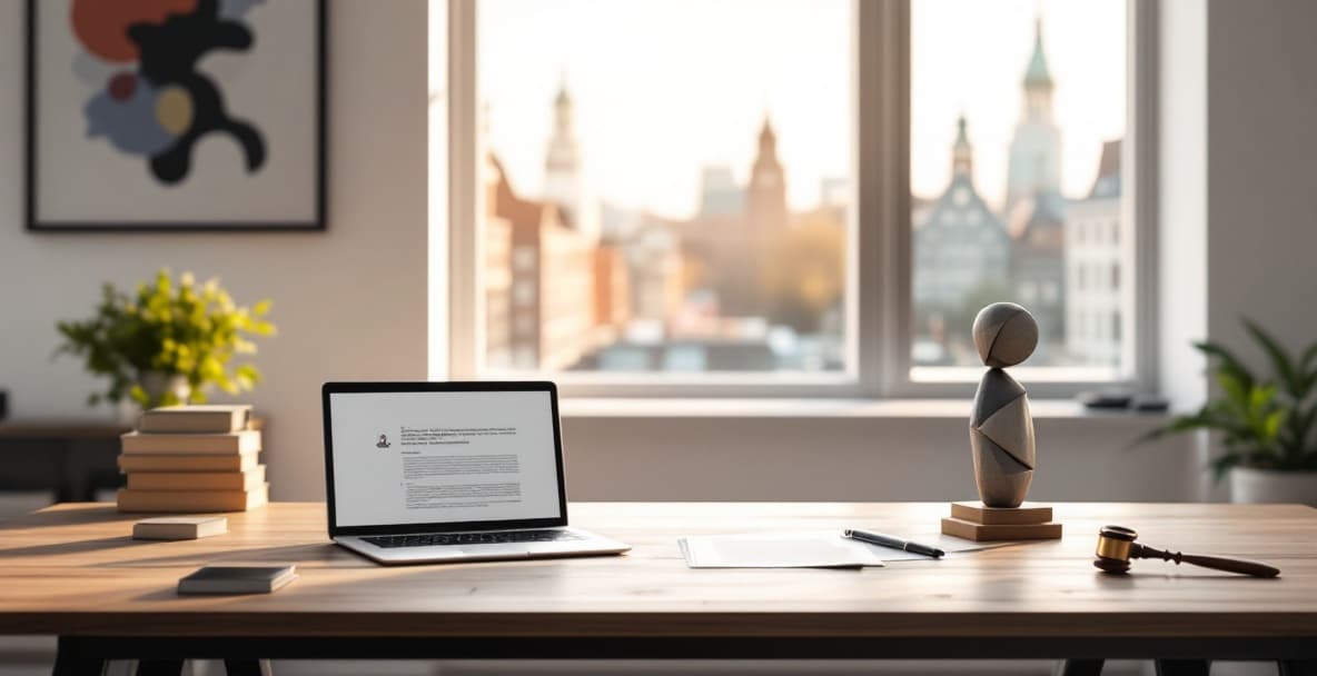 Modern legal office in Amsterdam with art and law elements, desk with laptop, art books, and sculpture.