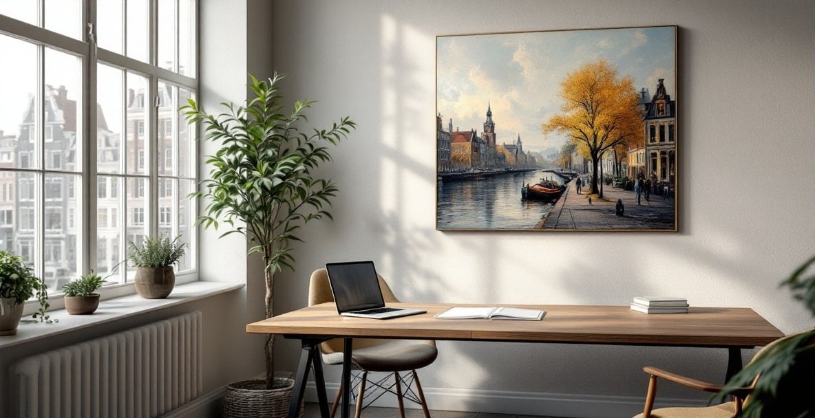 Modern minimalist law office in Amsterdam with a view of canals, desk with laptop and art symbolizing Dutch law evolution.