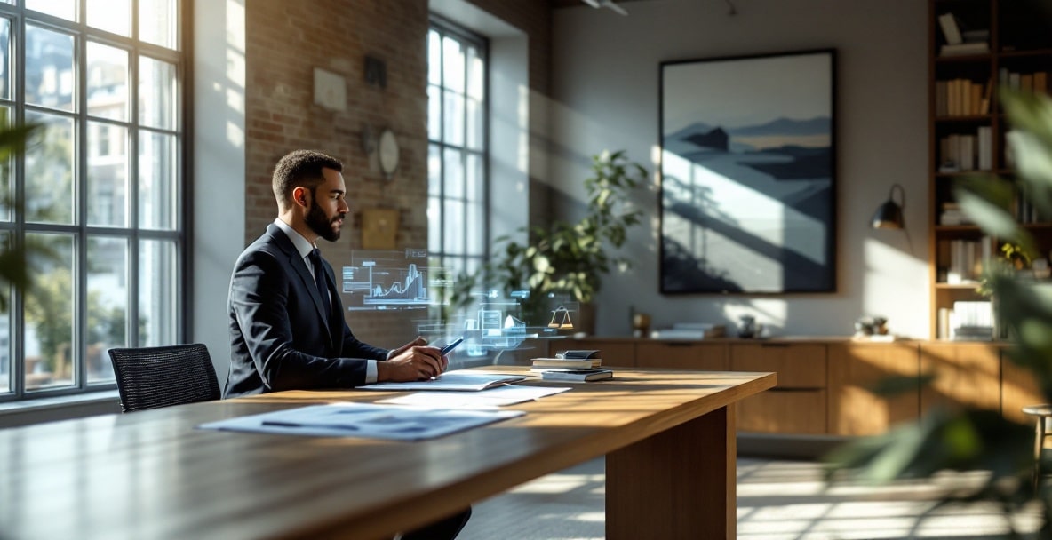 A modern Dutch law office in 2025 with traditional and futuristic design, featuring a lawyer and high-tech elements.