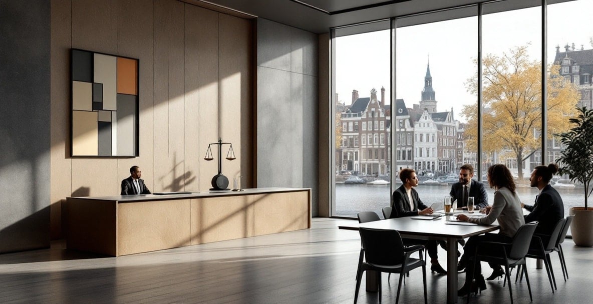Modern Dutch courtroom with Mondrian-inspired sculpture and professionals discussing art law.