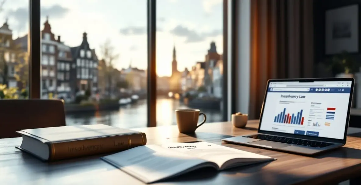 Modern office with legal books and laptop, Dutch canal houses visible through window.