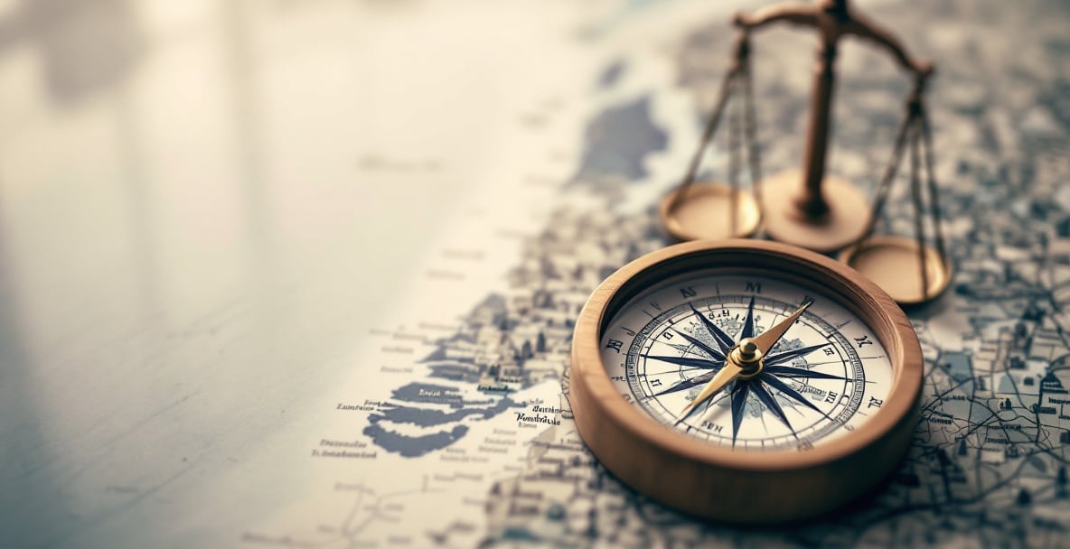 Map of the Netherlands with compass, scales, and magnifying glass highlighting Dutch insolvency law.