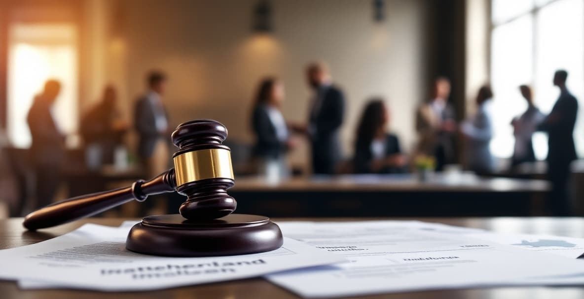 Dutch courtroom scene with a cracked gavel on legal documents, map of Netherlands, and silhouettes suggesting international roles.