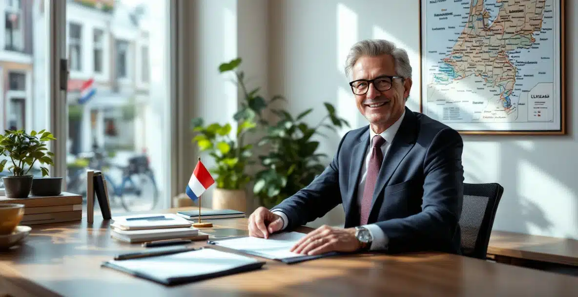 Dutch legal office with lawyer, wooden desk, and Dutch flag, overlooking European street with canals and bicycles.