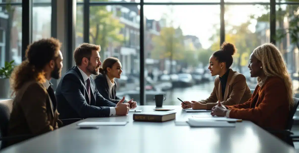 Dutch debt collector meets diverse clients in a modern conference room with cityscape view.