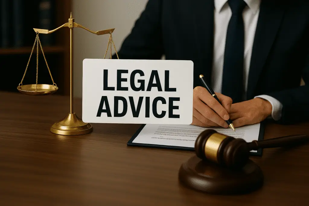 Legal advice with scales and gavel.