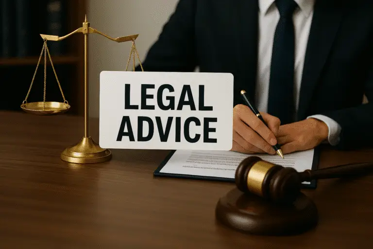 Legal advice with scales and gavel.