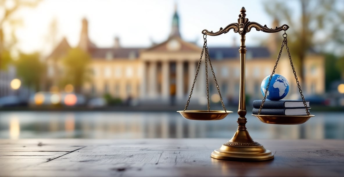 Scales of justice with legal documents and a globe, set against The Hague's Peace Palace.