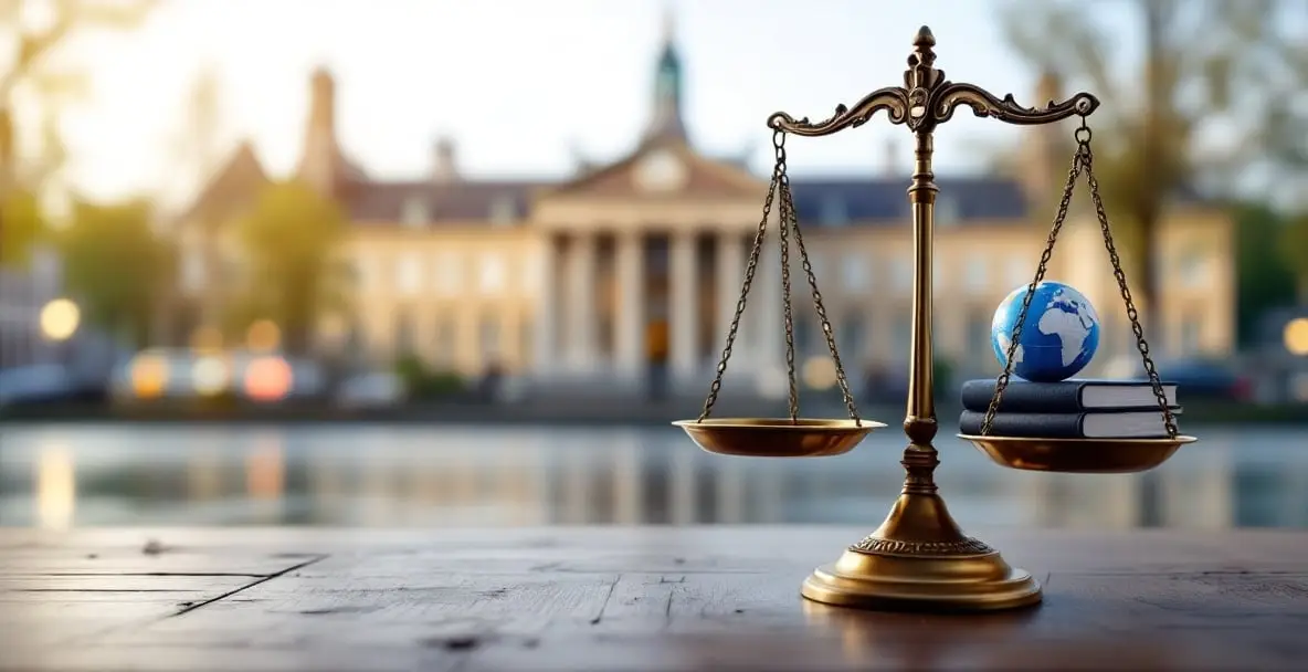 Justitia-Waage mit Rechtsdokumenten und einem Globus vor dem Hintergrund des Friedenspalastes in Den Haag.