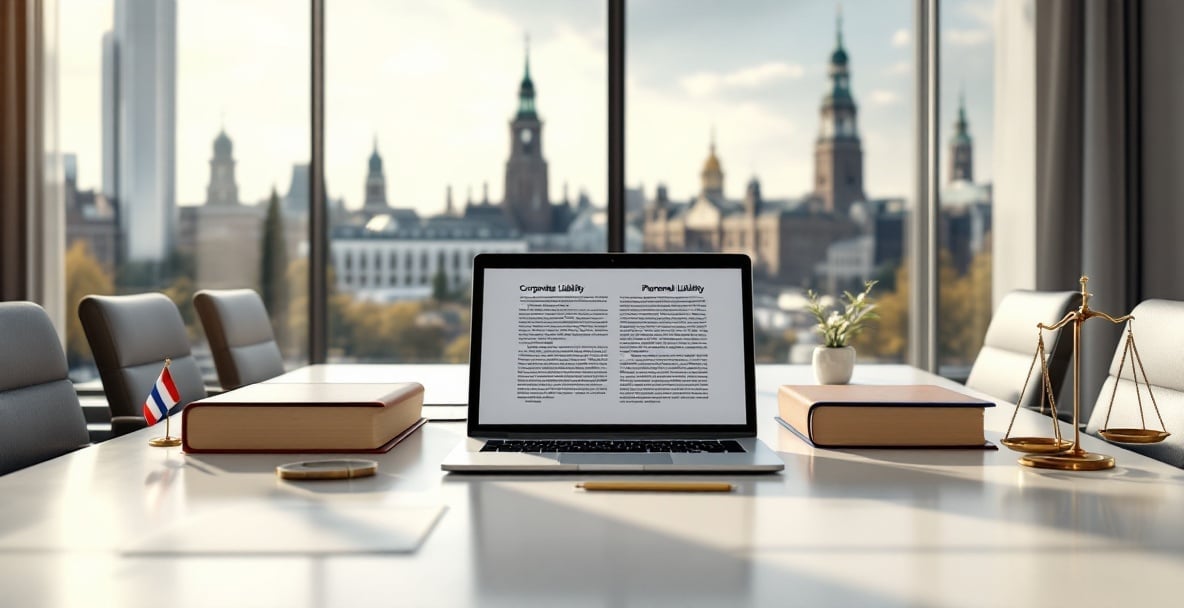 Office scene with legal folders and Amsterdam skyline, emphasizing Dutch law.