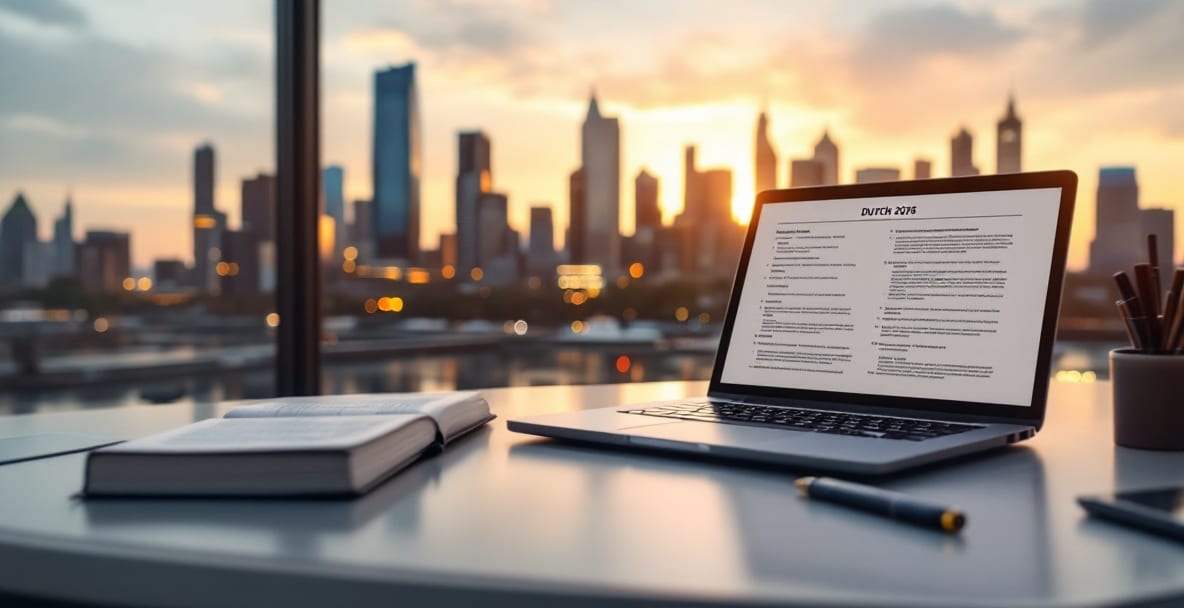 Skyline of a Dutch city at dawn with a legal desk in the foreground.