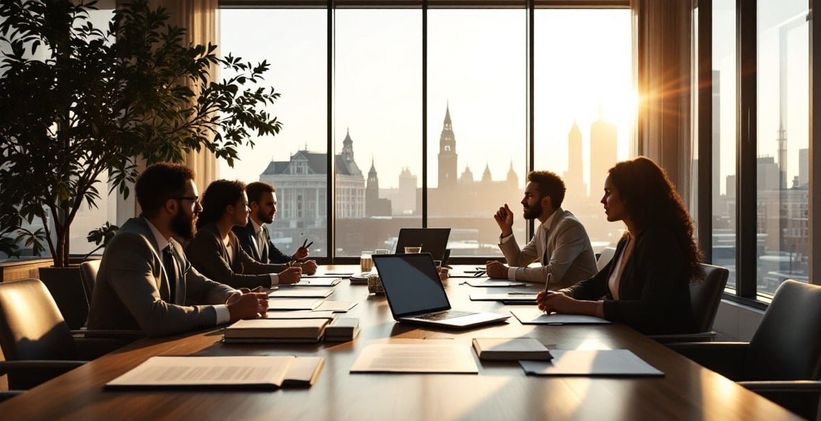Professionals collaborate around a table with legal documents in a modern Amsterdam office.