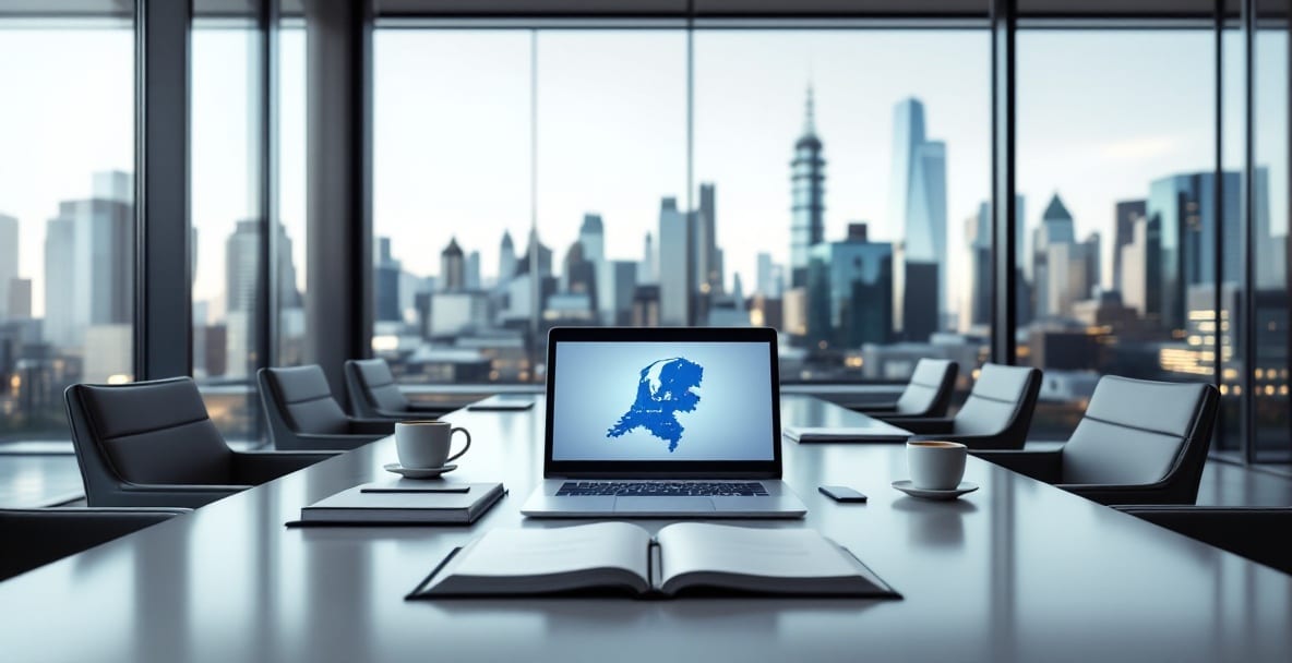 Liability Issues in Dutch Law: What Companies Should Know 6 Modern law office with a high-tech conference room and Dutch skyline view.