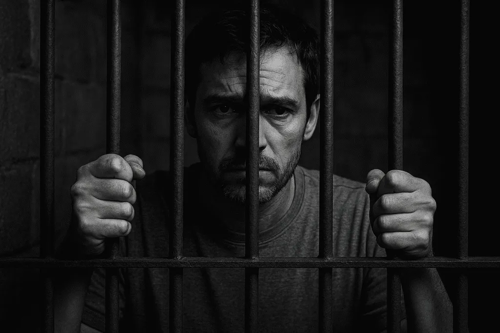 Person behind bars in dim light.