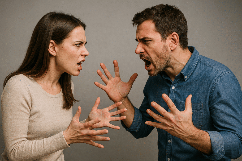 Pasangan bertengkar dengan isyarat ekspresif.