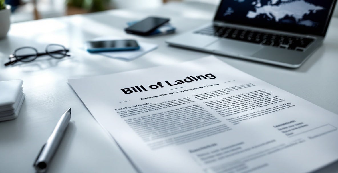 meaning bill of lading 3 Modern desk with bill of lading document, pen, glasses, smartphone, and laptop.